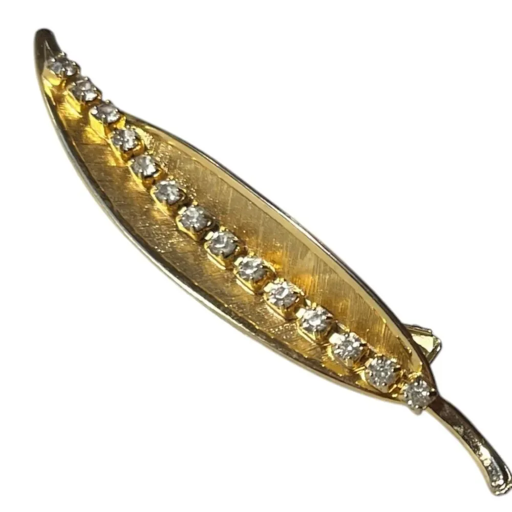 Vintage Continental Hair Clip Textured Gold Tone Leaf Rhinestones c1950